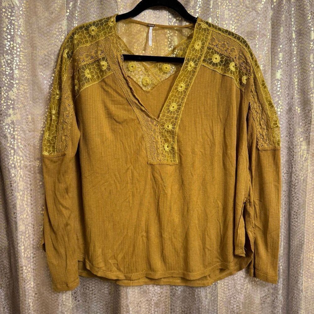 Free People Lola Mustard Golden Yellow Mesh Sheer Long Sleeve Top XS